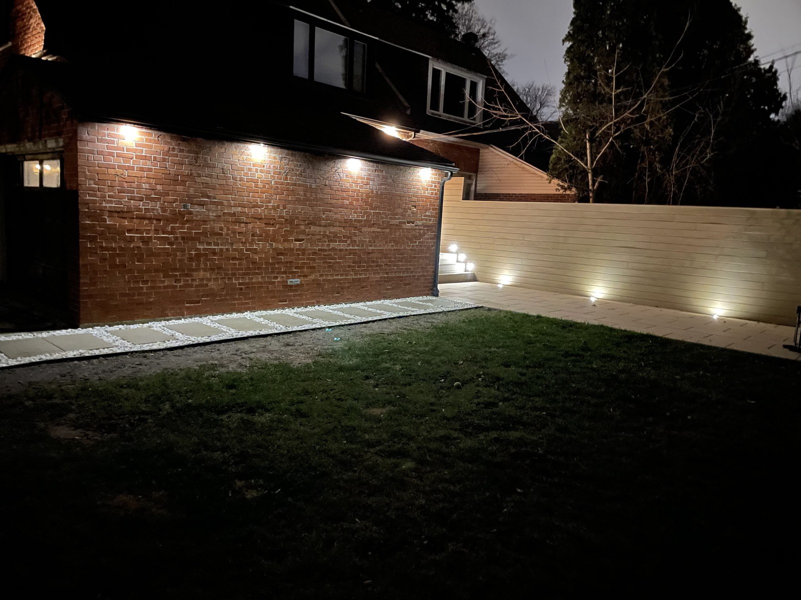 Residential exterior lighting at night
